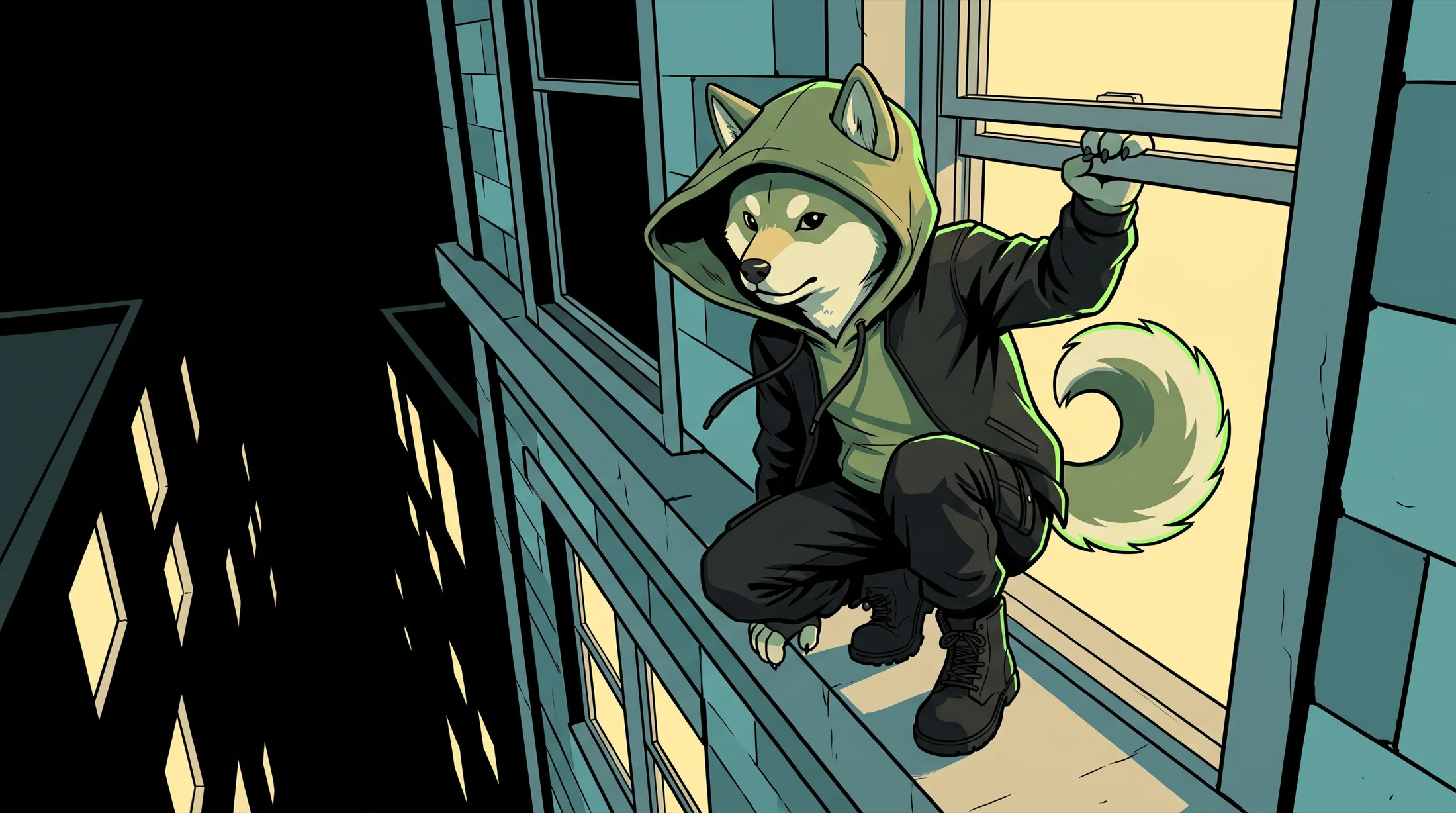 Shibinhood crouched on a ledge at an open window, forty floors up